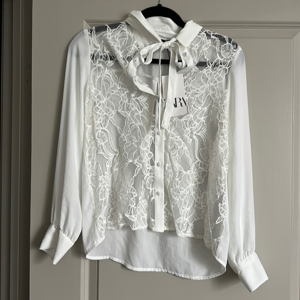 White Zara lace blouse with neck tie